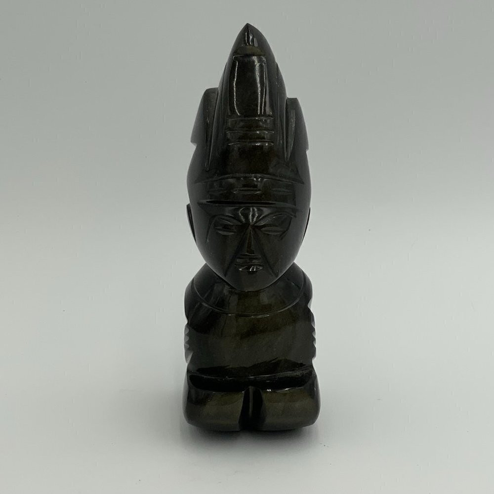 Vintage Aztec Idol Figurine Gold Obsidian Carved Mayan Sculpture 6" Tall